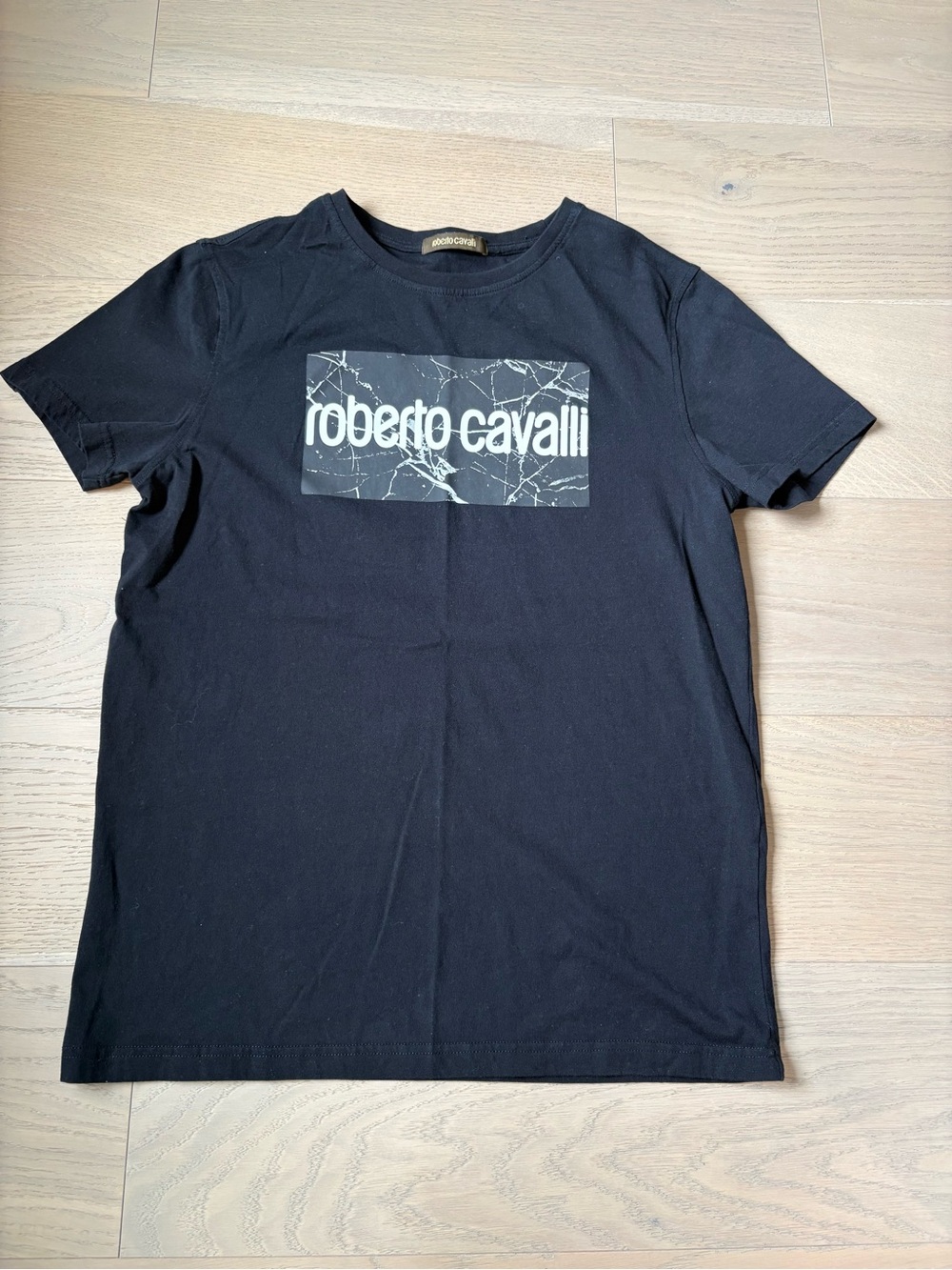 Roberto Cavalli (authentic) Black Short-Sleeve Logo Tee with Marble Panel
